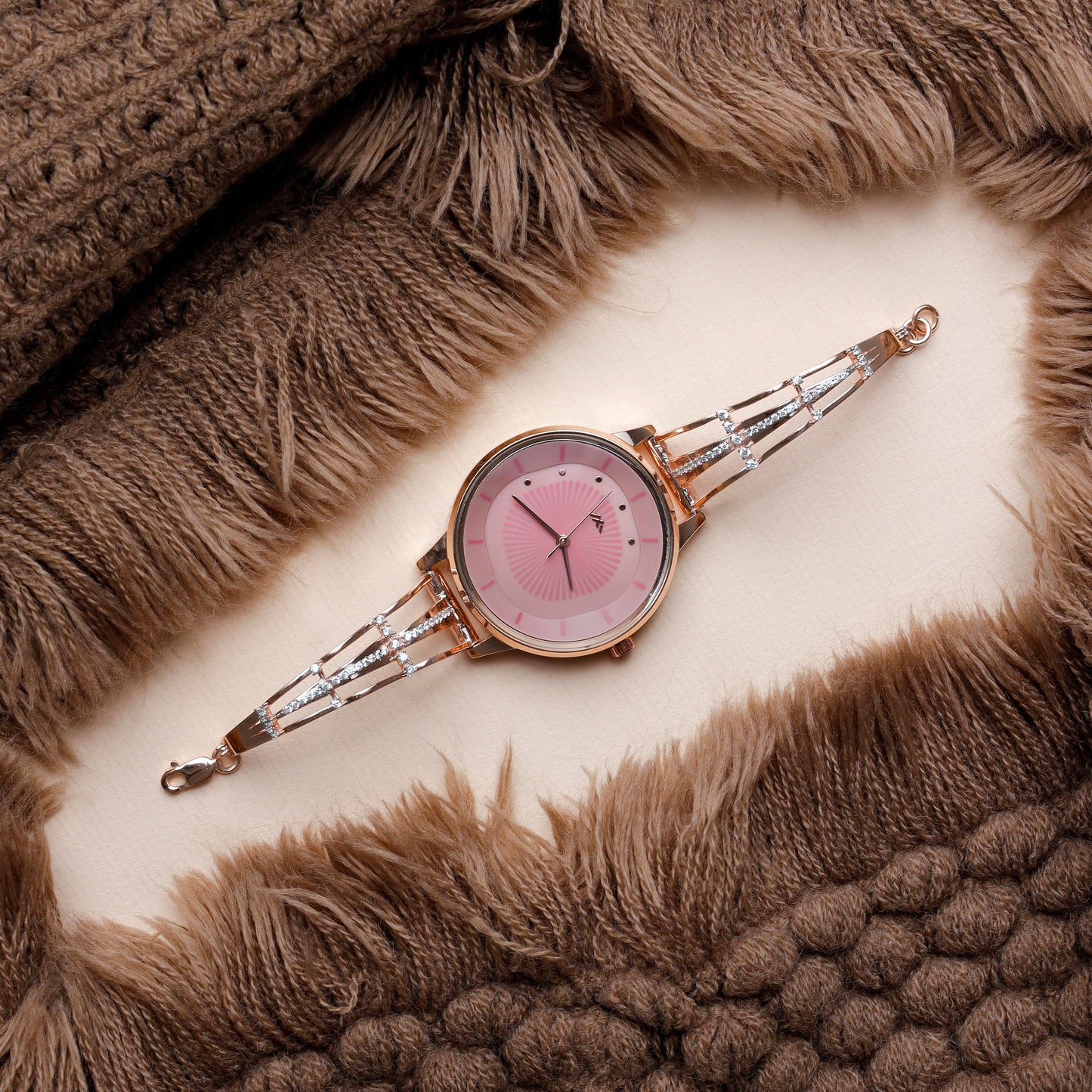 Rose Dial Analogue Fashion Watch with Mesh Strap For Women