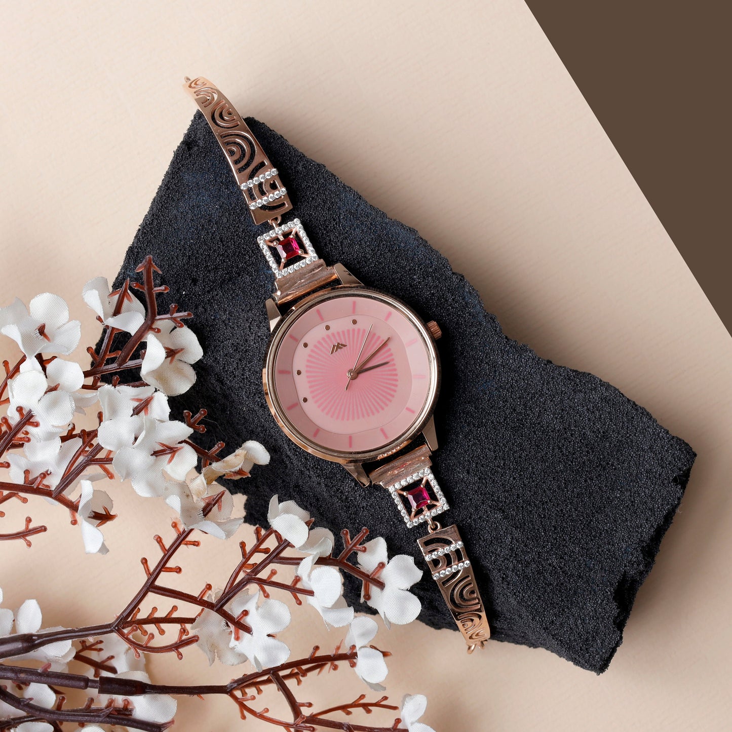 Rose Dial Analogue Fashion Watch with Mesh Strap For Women